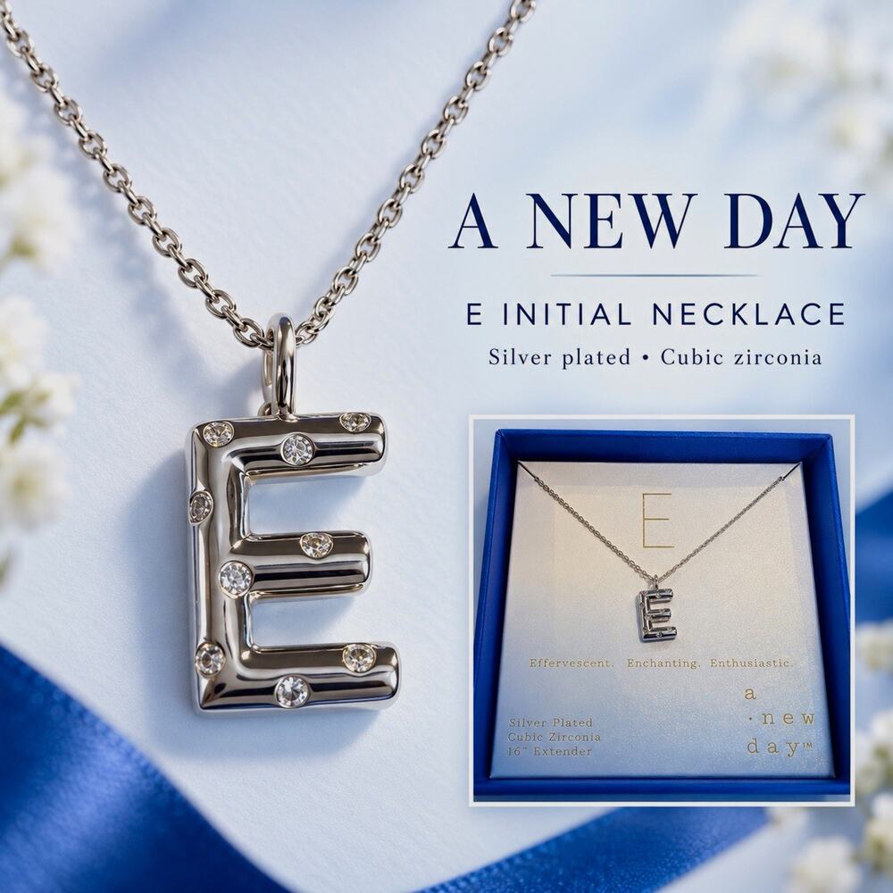 A New Day E Initial Pendant Necklace Silver Plated CZ 16" +Ext